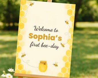 First Bee Day Welcome Sign, Girl 1st Birthday (Editable Template)