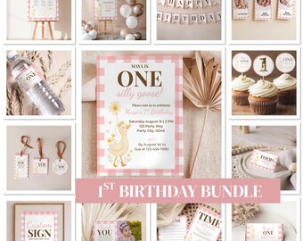 One Silly Goose Birthday Bundle, 1st Birthday Girl Party Decor, Digital Download, Cute Goose Theme Invitation