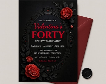 Gothic 40th Birthday Invitation: Black & Red Floral, Printable Template (PDF File)