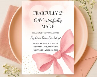Fearfully and One-derfully Made Birthday Invitation, Editable Digital Template, Pink Bow, Christian Design