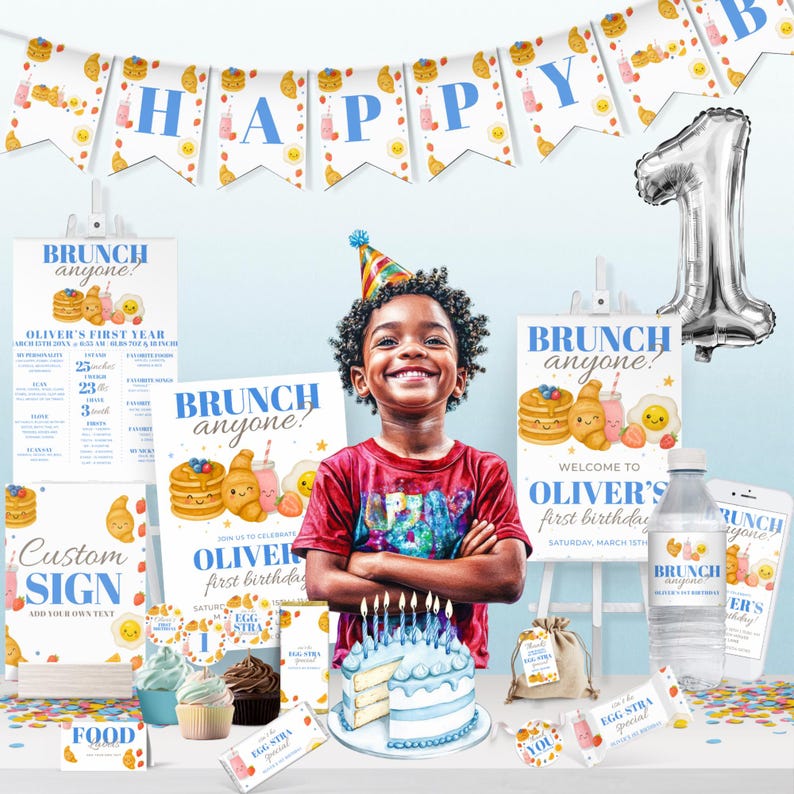 Invitación de brunch para el primer cumpleaños de un niño, descarga digital editable, plantilla divertida para brunch, desayuno infantil imagen 5