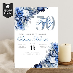 50th Birthday Invitation, Editable Blue and Silver Digital Invite Template For a Memorable Party Celebration