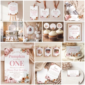 Pink Pumpkin 1st Birthday Party Bundle: Printable Decorations (Canva Template)