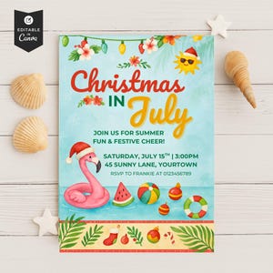 Weihnachten im Juli bearbeitbare Einladung, druckbare Sofort-Download-Vorlage für Sommerfestfeiern
