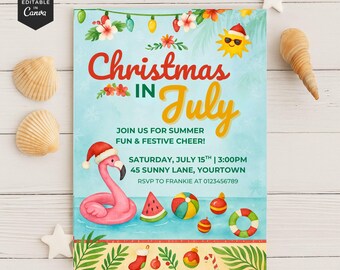 Christmas in July Editable Invitation, Printable Instant Download Template for Summer Party Celebrations