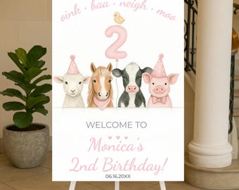 Farm Birthday Welcome Sign, Editable Farm Animals 2nd Birthday Decor, Digital Download for Kids' Parties, Girls Party Sign