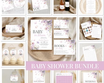 Pacchetto di inviti per baby shower stampabili "Baby in Bloom", giochi modificabili con fiori di campo e decorazioni floreali