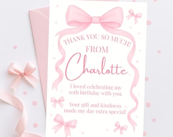 Tarjeta de agradecimiento con lazo rosa para décimo cumpleaños, tarjeta digital editable para niñas, plantilla con bonito diseño de lazo rosa.