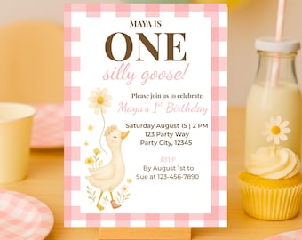 One Silly Goose Birthday Invite, Editable 1st Birthday Digital Template, Goose Party Invitation for Kids