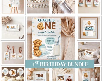 May include: A collection of party decorations and stationery for a first birthday celebration. Includes a banner, invitation, water bottle label, photo cards, cupcake toppers, thank you tags, and a welcome sign. The theme features cookies and milk.