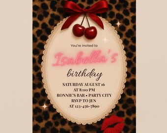 Cherry Cheetah Birthday Invite, Editable Template for Glam Party, Leopard Print Girls Night Digital Download