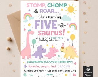 Five Saurus Birthday Invitation: Editable Dinosaur Party Template (5x7" Digital Download)