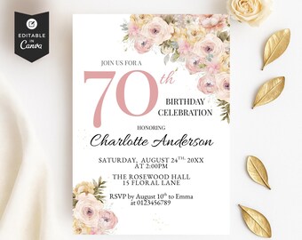 Blush Floral 70th Birthday Invitation: Elegant Women's Template (Canva Editable, Digital Download)