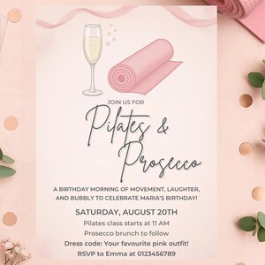 Digital download invitation for a Pilates Prosecco birthday celebration.