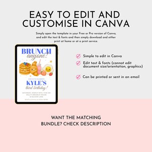 Puede incluir: Una invitaci&oacute;n digital en la pantalla de una tableta con el texto "BRUNCH anyone!" y "KYLE'S third birthday!". La invitaci&oacute;n presenta ilustraciones de dibujos animados de alimentos para el desayuno. El texto "EASY TO EDIT AND CUSTOMISE IN CANVA" est&aacute; en la parte superior.