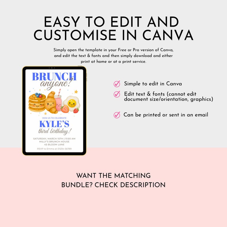 Puede incluir: Una invitaci&oacute;n digital en la pantalla de una tableta con el texto "BRUNCH anyone!" y "KYLE'S third birthday!". La invitaci&oacute;n presenta ilustraciones de dibujos animados de alimentos para el desayuno. El texto "EASY TO EDIT AND CUSTOMISE IN CANVA" est&aacute; en la parte superior.