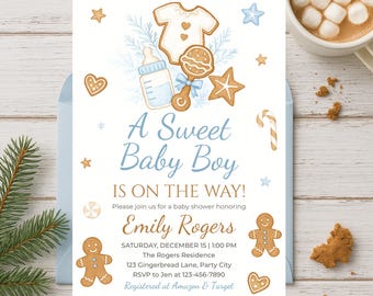 May include: Baby shower invitation in a light blue envelope. The invitation features gingerbread-themed illustrations and the text "A Sweet Baby Boy Is On The Way!" Details include the name Emily Rogers, date, time, and location.