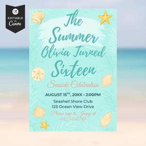 The Summer I Turned Birthday Invitation, Editable Coastal Seashell Invite for Teen Girls, Beach Party, Instant Download, Digital Template