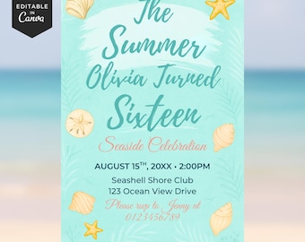 Coastal Birthday Invitation: Seashell Beach Party, Teen Girl (Digital Template, 5x7 inches)