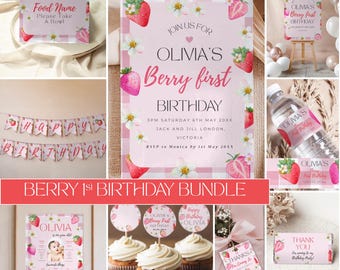 Berry First Birthday Bundle, Strawberry Themed Decorations, Editable 1st Birthday Invite, Digital Templates