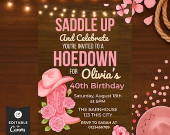 Rustic Western 40th Birthday Invitation, Editable Digital Template for Cowgirl Party, Instant Download