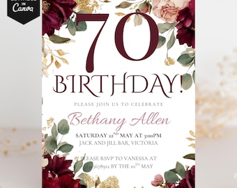 70th Birthday Invitation, Editable Burgundy Rose Gold Digital Template, Floral Party Invite for Women