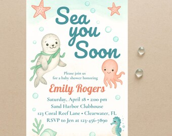 Sea You Soon Baby Shower Invitation, Editable Ocean Theme Invite, Gender Neutral Coastal Design for Summer Fun