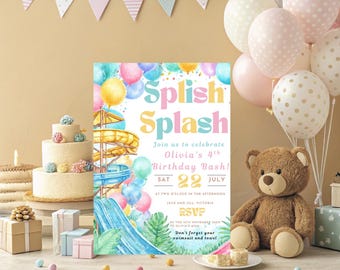 Waterslide Birthday Invitation, Girl Splash Party Invite, Modern Canva Template for Water Slide Bash