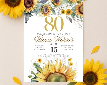 80th 70th 60th Birthday Invitation, Sunflower Party, Editable Floral Template, Printable Birthday Invite, Milestone Invite