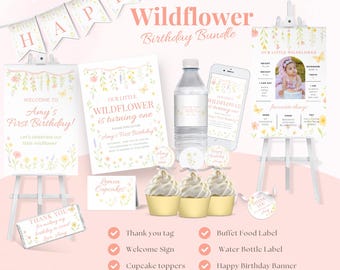 Wildflower First Birthday Invitation Bundle, Boho Floral Party Decor, Editable Invite, Flower Birthday Theme