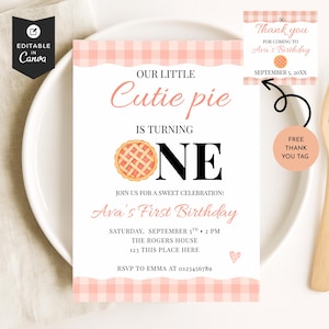 Cutie Pie is Turning One Invitation, Editable 1st Birthday Invite, Printable Pie Theme, Sweet Party Invite, Fall Autumn Canva Template