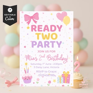 Ready Two Party Invitation Template, Girl 2nd Birthday Invite, Cute Spring Party, Digital Download, Editable