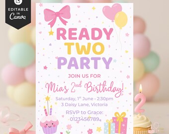 Ready Two Party Invitation Template, Girl 2nd Birthday Invite, Cute Spring Party, Digital Download, Editable