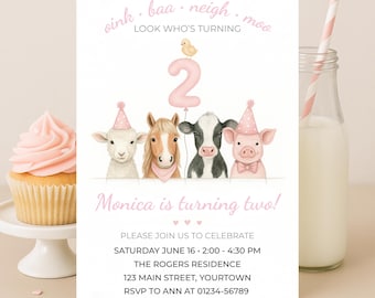 Farm Animals 2nd Birthday Invitation, Barnyard Theme (Digital Download)