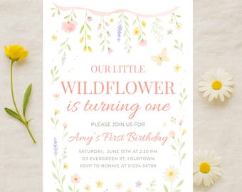 Wildflower First Birthday Invitation: Boho Floral Party (Editable Template, 5x7")