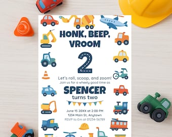 Things That Go Birthday Invite, Transportation Theme, Vehicles Birthday Invitation, Digital Download Template