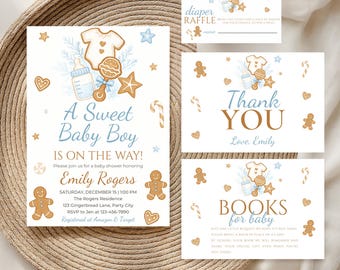 Gingerbread Baby Shower Invitation Bundle, Editable Boy Cookie Set, Printable Christmas Party Games