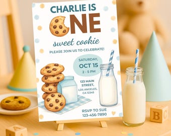 Può includere: Invito per una festa di primo compleanno a tema biscotti e latte. Il design presenta il testo "Charlie compie un anno, dolce biscotto". L'invito include la data, l'ora e il luogo della festa.