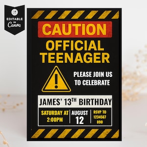 Warning Teenager Birthday Invitation: Customizable 13th Birthday Template (Digital Download)
