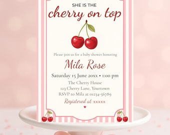 Cherry Baby Shower Invitation: Coquette Theme, Pink Bow (Digital Download, Canva Template 5x7" )