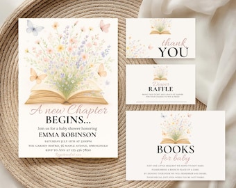 A New Chapter Begins Baby Shower Invite Bundle, Floral Storybook Design, Editable Template