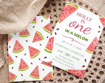 Watermelon First Invitation, Editable 1st Birthday Invite, Digital Download, Summer Party, One in a Melon