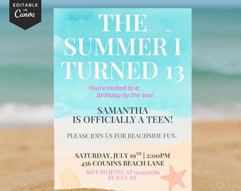 Invitación de 13.º cumpleaños con temática de playa: Invitación editable para fiesta de adolescentes (descarga digital, 13 x 18 cm)