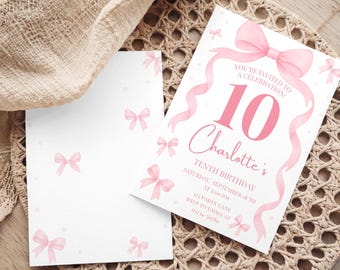 Invitación de décimo cumpleaños con lazo rosa, invitación digital editable para niñas, plantilla con diseño de lazo rosa