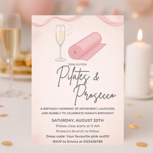 Pilates and Prosecco Birthday Invitation featuring a pink Pilates mat and champagne.