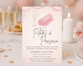 Pilates Prosecco Birthday Invitation, Pink Girly Invite, Editable Template for Fitness Party, Instant Download