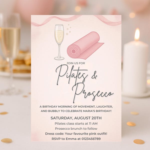 Invitación de cumpleaños con Pilates y Prosecco, invitación rosa para niña, plantilla editable para fiesta de fitness, descarga instantánea