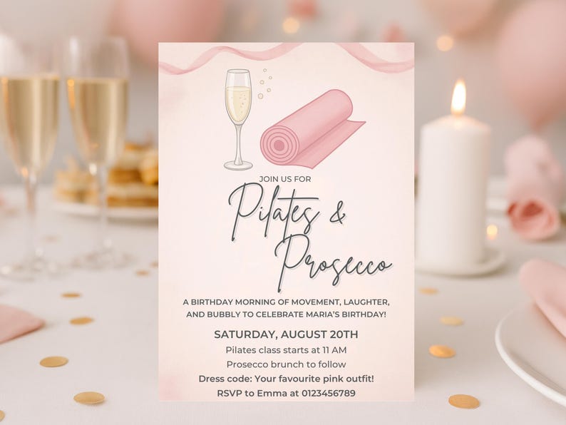 Pilates and Prosecco Birthday Invitation featuring a pink Pilates mat and champagne.