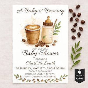 Coffee Bean Baby Shower Invitation, Editable A Baby Is Brewing Invite, Gender Neutral Coffee Theme Set, Digital Download