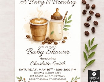 Coffee Bean Baby Shower Invitation, Editable A Baby Is Brewing Invite, Gender Neutral Coffee Theme Set, Digital Download